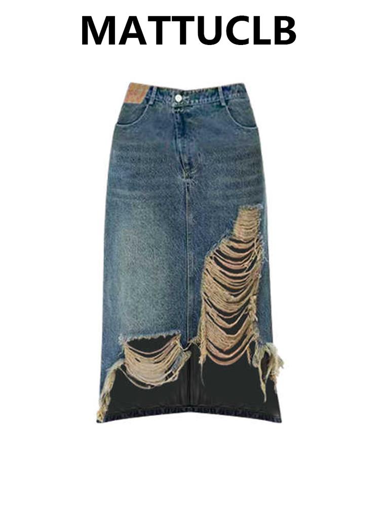 Street Fashion Outfit - Women 2000s Midi Skirt Ripped Denim