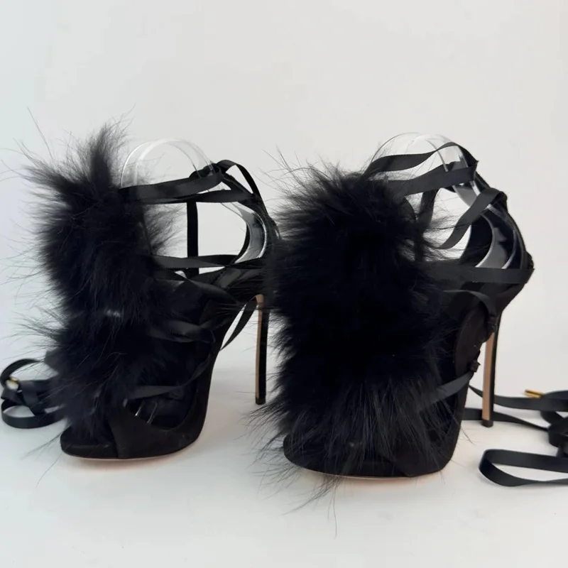 Fur Lace Up Peep Toe Hollow Ou - Street Fashion Outfit 评论和价格