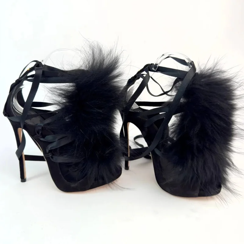 Fur Lace Up Peep Toe Hollow Ou - Street Fashion Outfit 评论和价格
