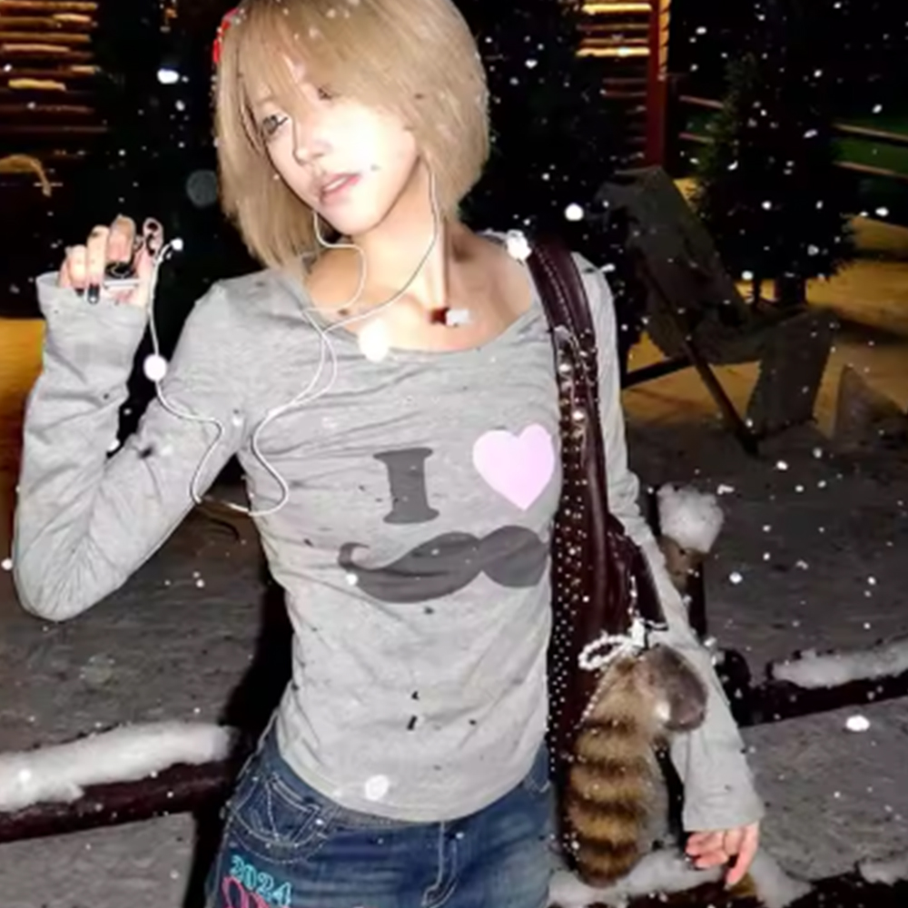 Japanese Y2K Beard Print T-Shi - Street Fashion Mood 评论和价格