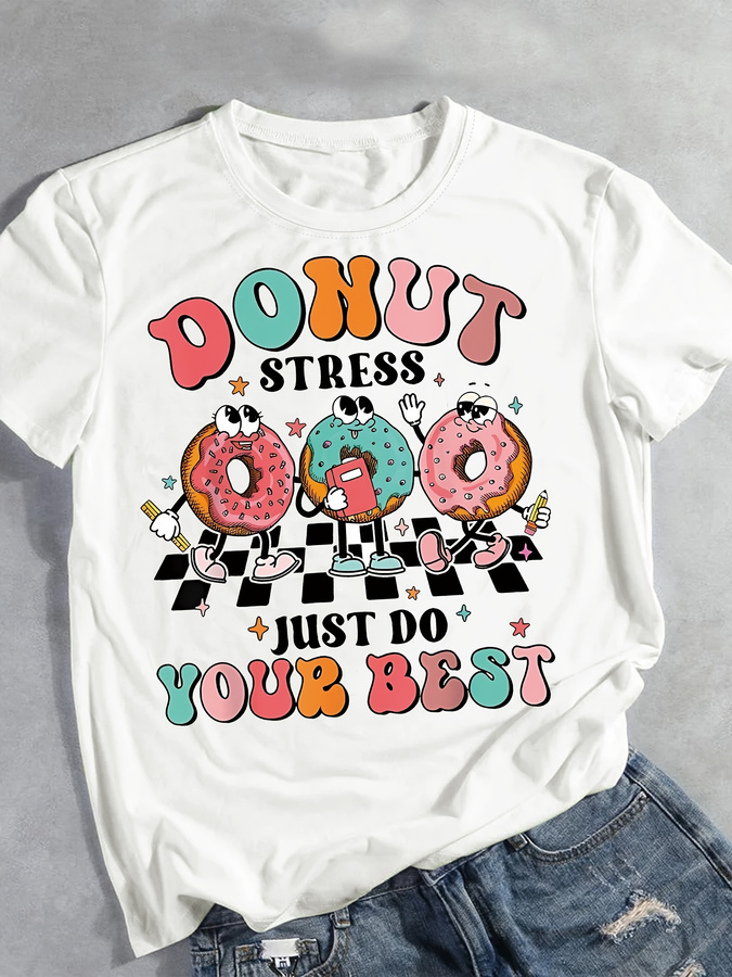 Cartoon Donut Print T-shirt, S - Street Fashion Trend 2025 评论和价格